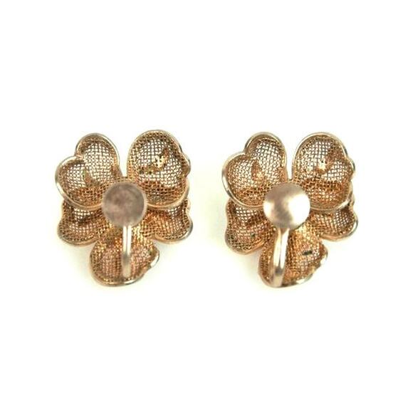 1960s Gold Tone Mesh Pink Rhinestone Flower Floral Vintage Screw Back Earrings - Picture 2 of 3